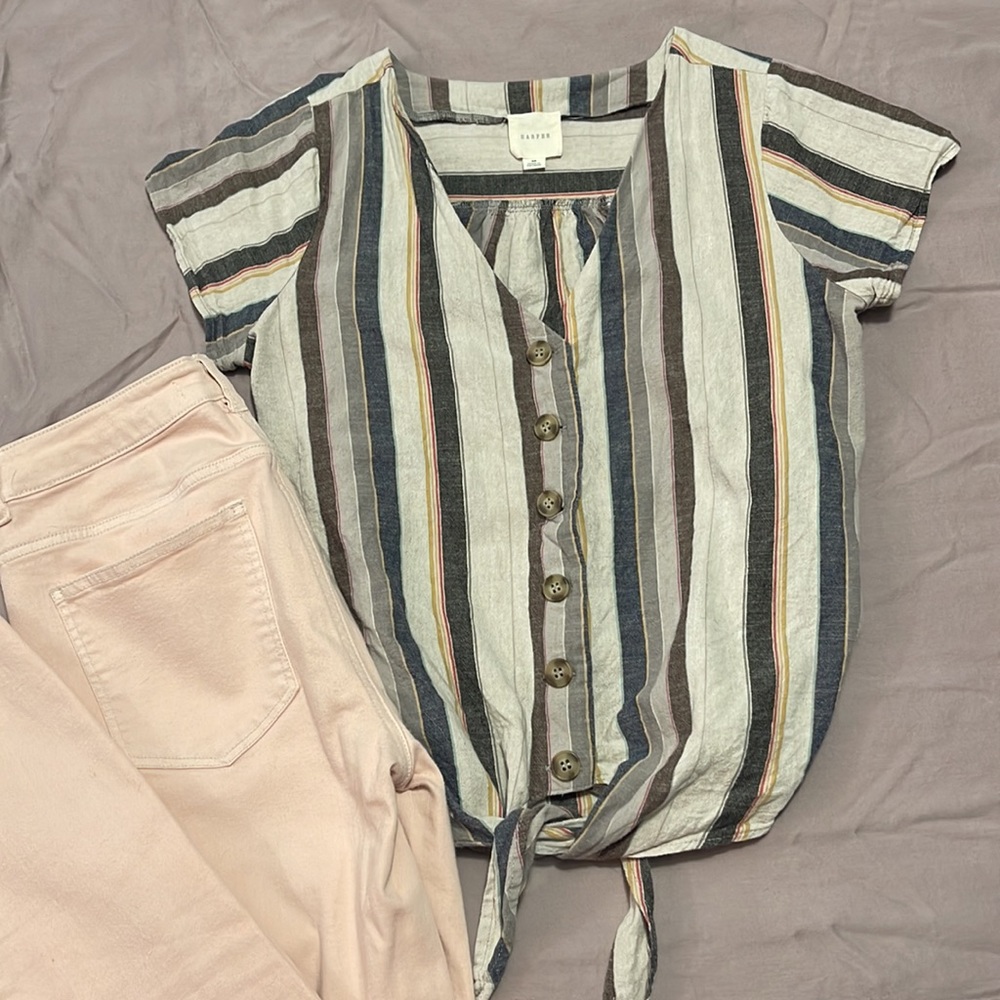 Striped tie front linen style shirt